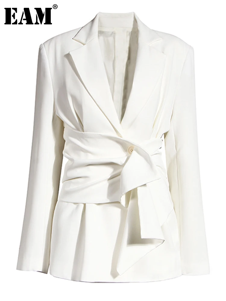 [eam] Women White Knot Split Joint Irregular Blazer New Lapel Long