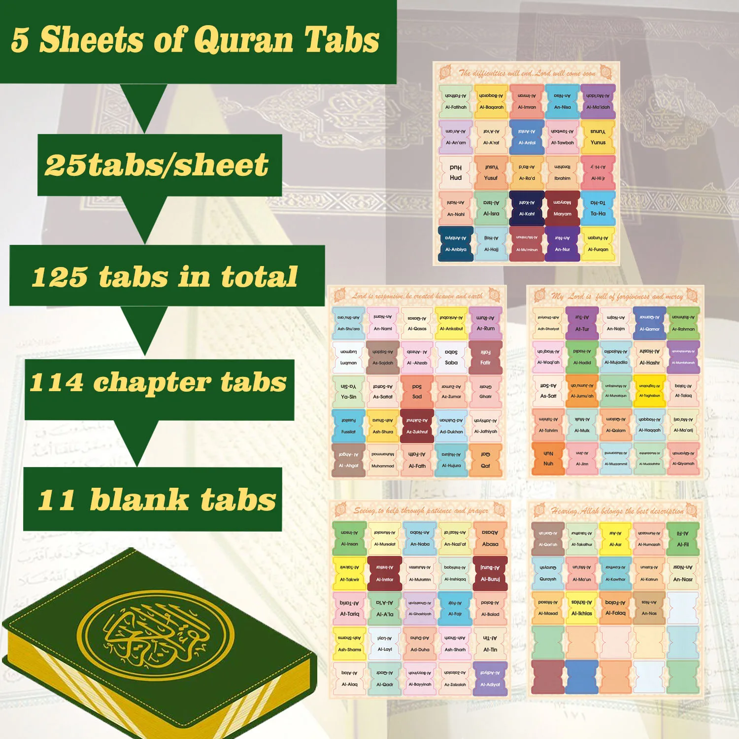 Laminated Quran Chapter and Index Tabs Set - 125-Piece Collection