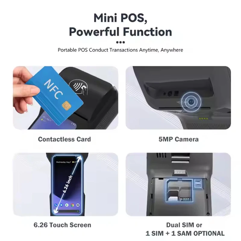 Handhe 6.26 inch Android 12 POS Terminal with 58/80mm Printer 2G+16G Memory Loyverse Desktop POS 4G WIFI BT Connection 2D Scanne