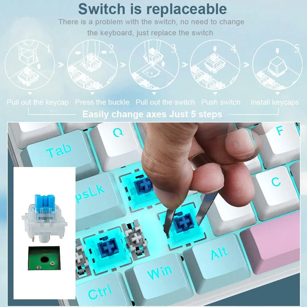 E-YOOO-Z19 USB Teclado mecânico para jogos, 94 teclas, cabo com fio  destacável, computador, laptop, PC, azul, interruptor vermelho - AliExpress