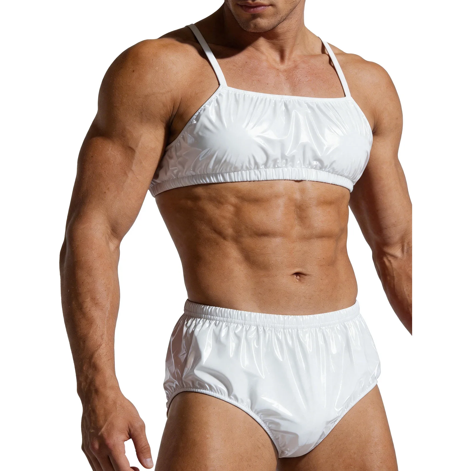 Men's Lingerie Two Pieces Swimsuit Waterproof Swimwear Singlets Crop Top And Elastic Band Swim Bottom Swimming Bathing Suit - 2