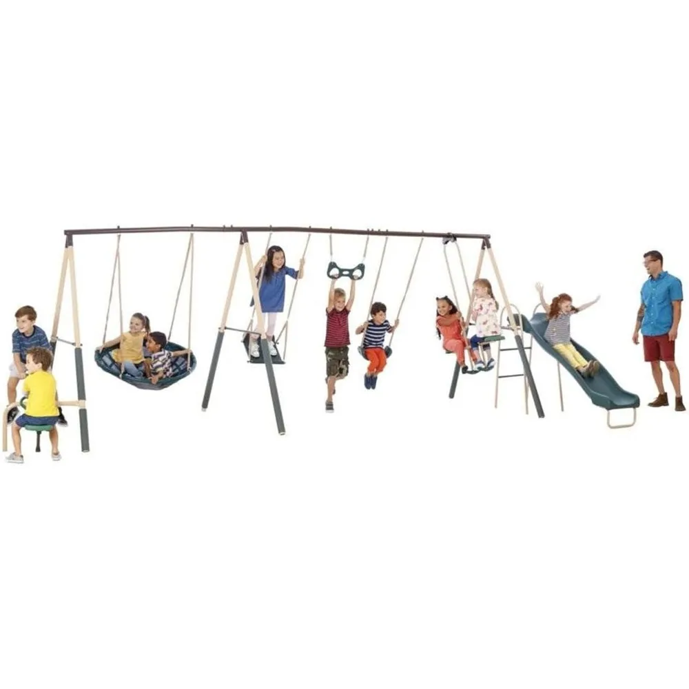 Deerfield Outdoor Playground Swing Set with Slide, See Saw, Trapeze Swing, Fun-Glidr, Swing Seat, and Stand N Swing 4