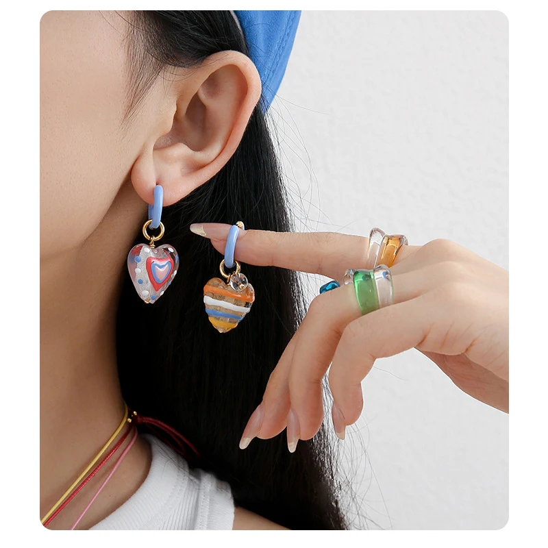 Cute sweet colorful girls summer love stars rabbits glass handmade Drip oil earrings for women