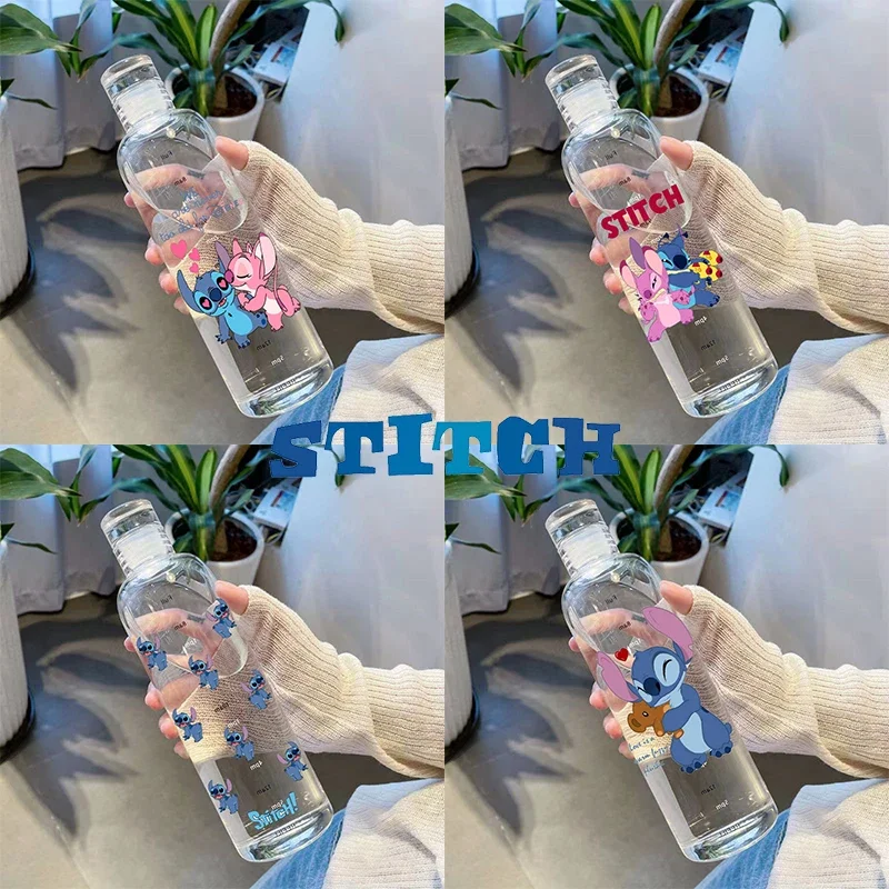 Disney-Stitch Garrafa De Plástico Com Tampa, Marcador De Tempo Para Beber Água, Suco De Leite, Grande Capacidade, Transparente, Copo Simples, Presente De Aniversário