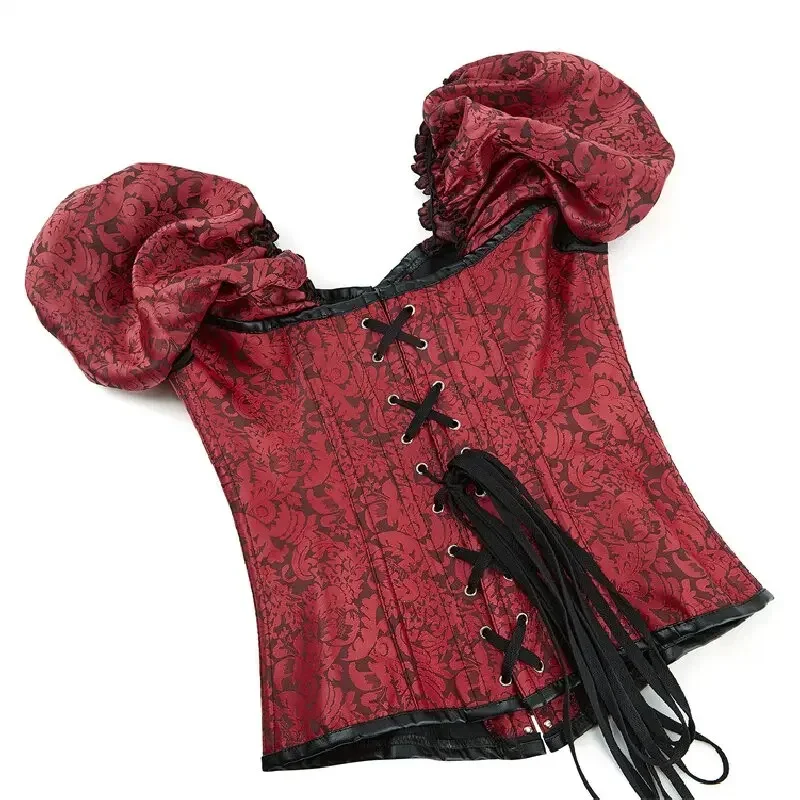 Gothic 12 Glue Bones Puff Sleeve Overbust Corset for Women Short Sleeved Jacquard Corsets Retro Metal Rotating Buckle Corselet