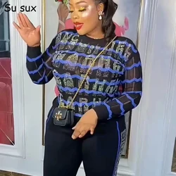 Knitted Pullover Shirt Top Africa Clothing Dashiki 2024 Spring Sequis Striped African Dresses For Women Robe Africaine Femme