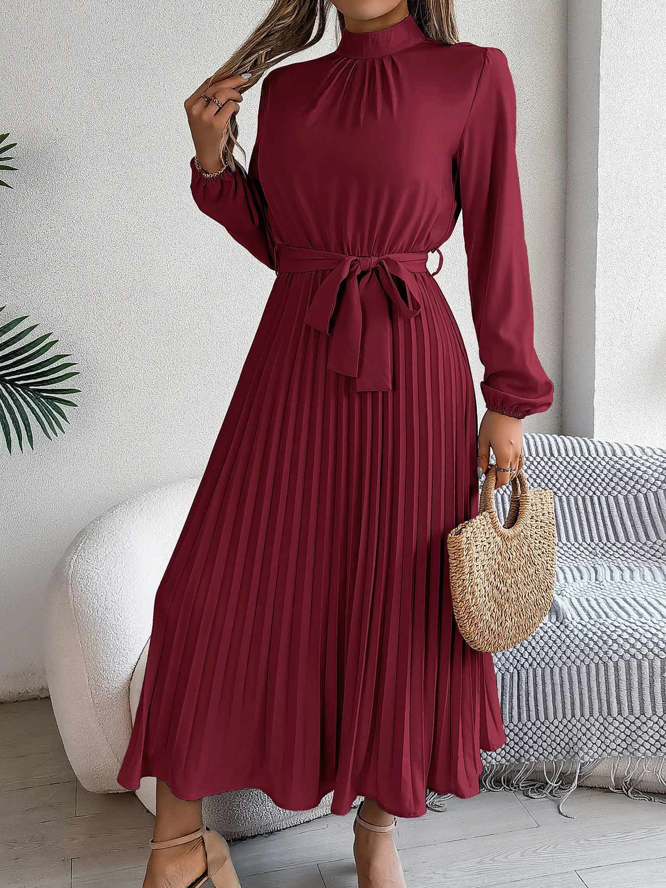 Solid Stand up Collar Bridesmaid Dress Spring Summer Casual Elegant Long Sleeve Waist Cinched Pleated Long Dresses for Women