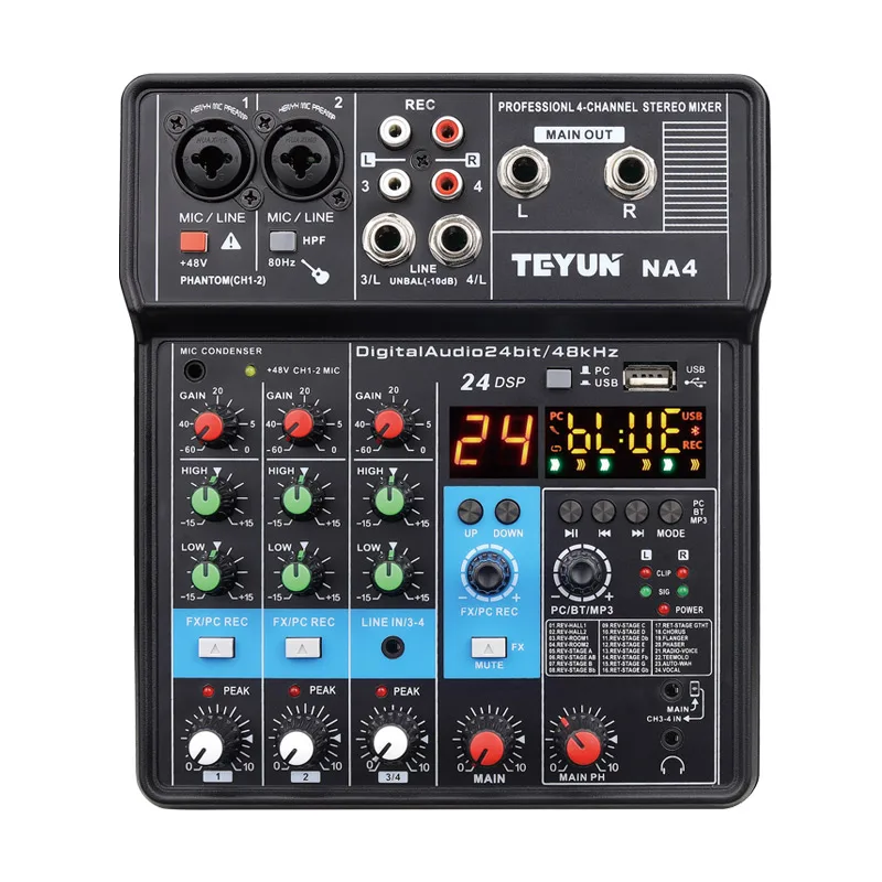 

New NA4 4 Channel Bluetooth Mini Audio Mixer Sound Card DJ 16 Digital Effects Noise Reduction Console USB Record For Singing