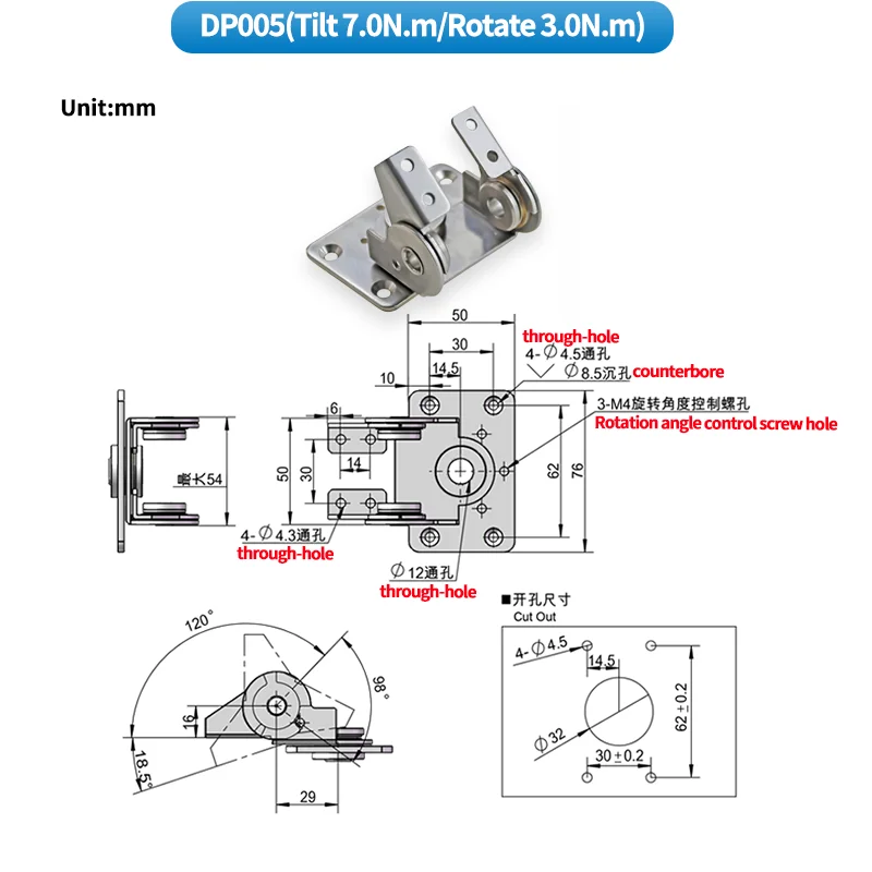 Description Picture 4 of itemStainless Steel Any Stop Positionable Rotatable Tiltable I-Shaped Torque Hinge Industrial Equipment Biaxial Hinge