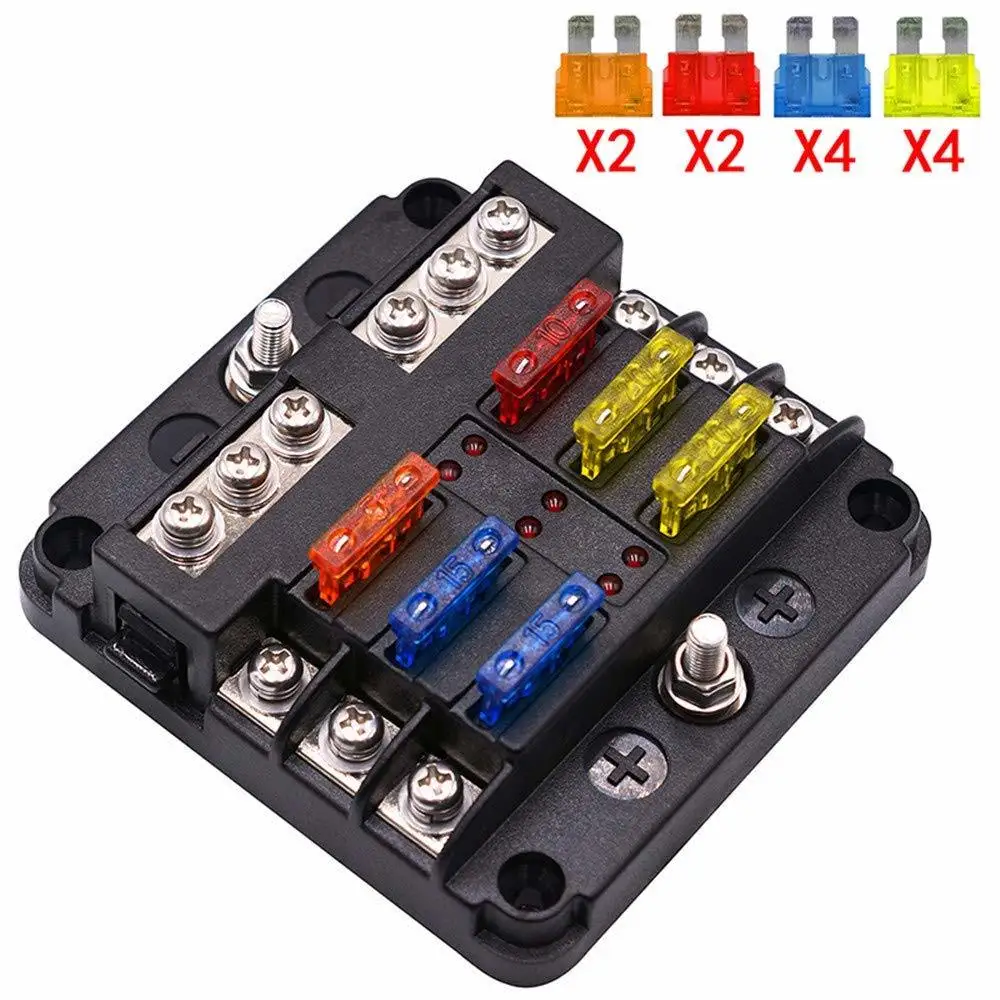 LED 표시기 포함 6 방향 방수 퓨즈 블록, 네거티브 해양 퓨즈 박스 포함, DC 12 V, 24V 자동차 보트 RV 트럭용, 12 회로