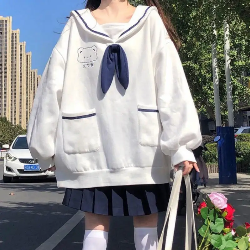 Navy Collar Soft Outfit Girl Beautiful Pullover Girl Women's Kawaii Cute Blouse with Rabbit Ears Plus Size Japanese Streetwear