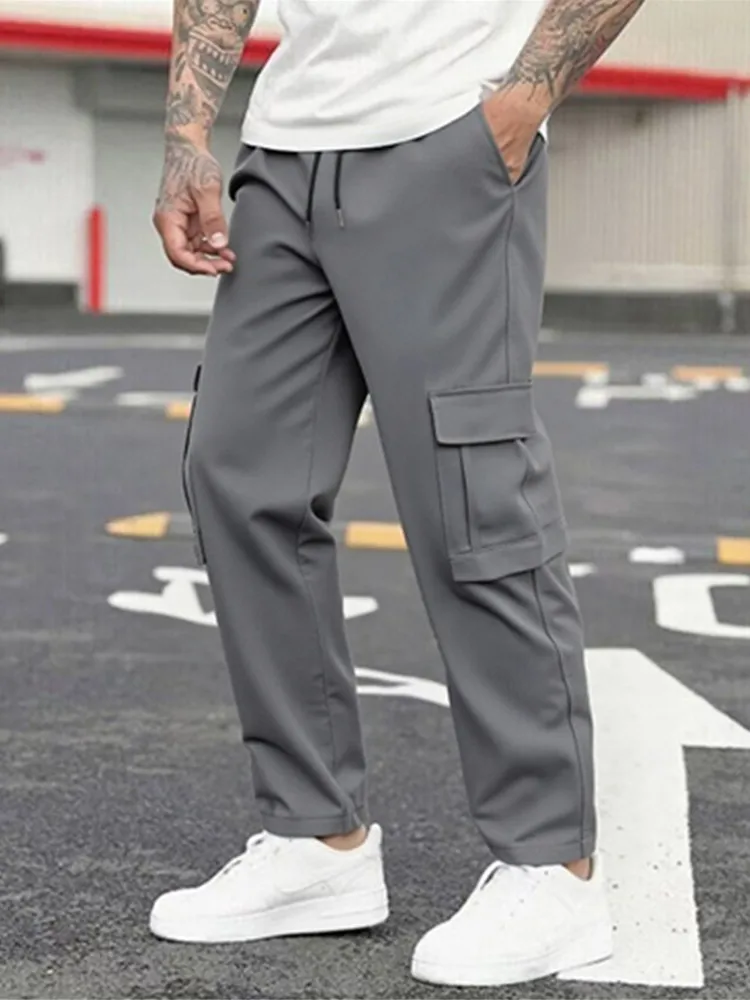 New men's overalls multi-pocket loose men draw rope solid color outdoor hiking overalls 5