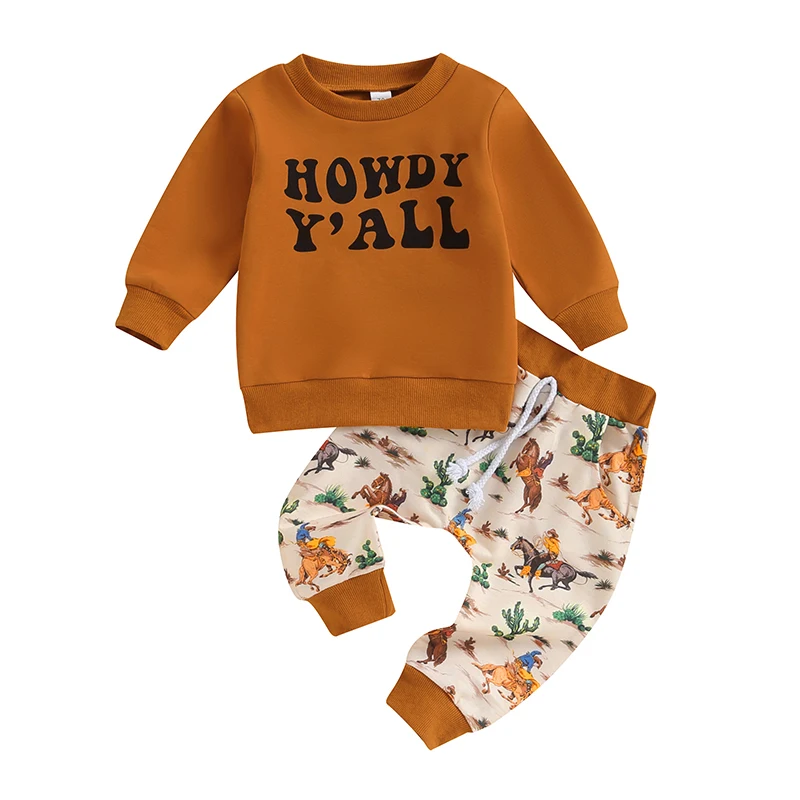 

Western Baby Boy Fall Winter Clothes Mama s Little Cowboy Long Sleeve Sweatshirt Cow Print Jogger Pant Cowboy Outfits