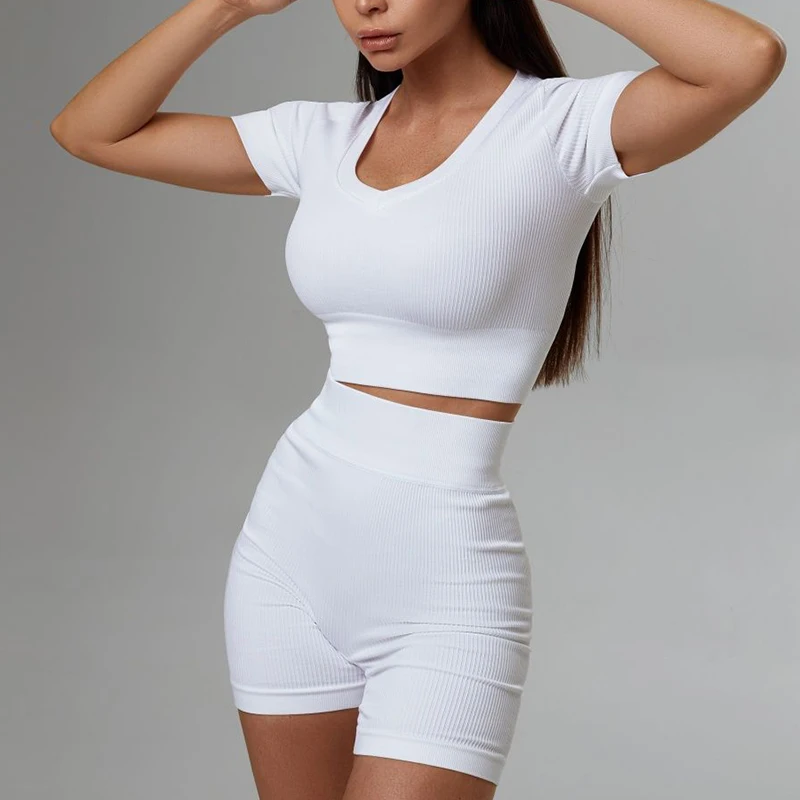 Seamless Yoga Set Women Sportwear Workout V Neck Short Sleeve Crop Top Gym Clothing Sports Shorts Two Piece Set gym workout set yoga set sportswear set sports set