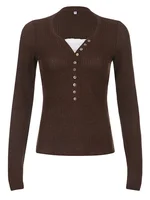 Women Button Front Knit Tops Long Sleeve Lace Patchwork Slim Fit Sweater Fall Fairy Grunge Gothic Y2K Clothes - Image 4