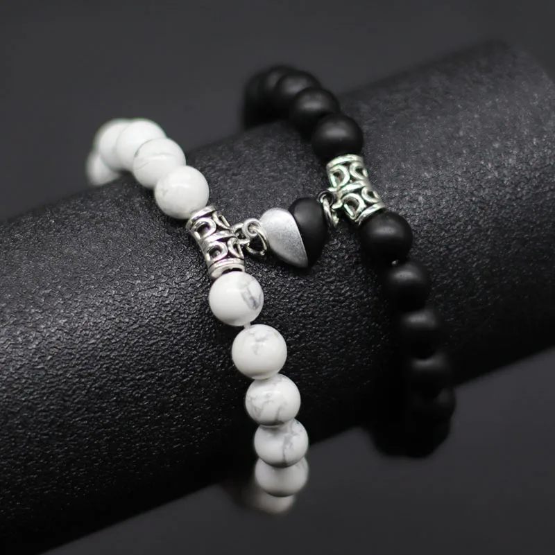 Magnetic Couple Bracelet Black White Beaded Valentine Day Gift