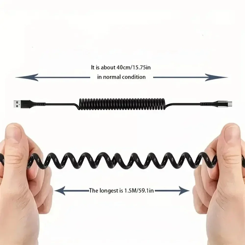 1m/1.5m 66W 5A USB To Type C Fast Charging Spring Data Cable USB To PD Data Cord Retractable Charging Cable in Car Household