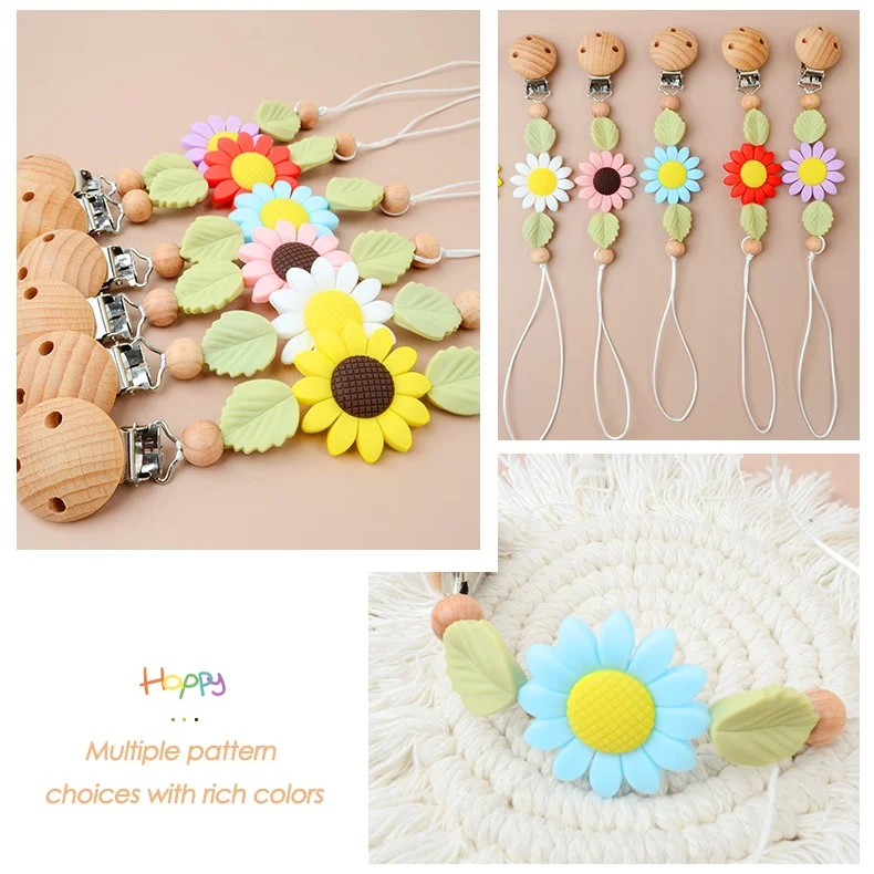 INS Baby Pacifiers Sunflower Wood Teether Dummy Nipples Holder Clips Chain Teething Accessories Newborn Toys Gift