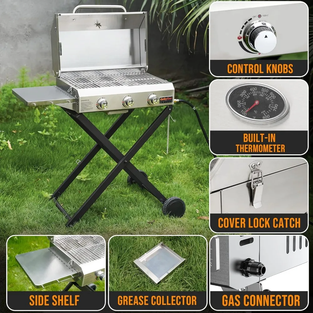 

BBQ Gas Grill 3-Burner With Foldable Cart & Side Table Portable Stove for Camping Equipment Stainless Steel GS308 Barbecue Stand