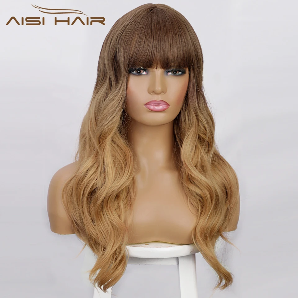 

AISI HAIR Synthetic Long Wavy Brown Wigs With Bangs Middle Part Wigs for Women Blonde Black Wig Daily Heat Resistant Hair