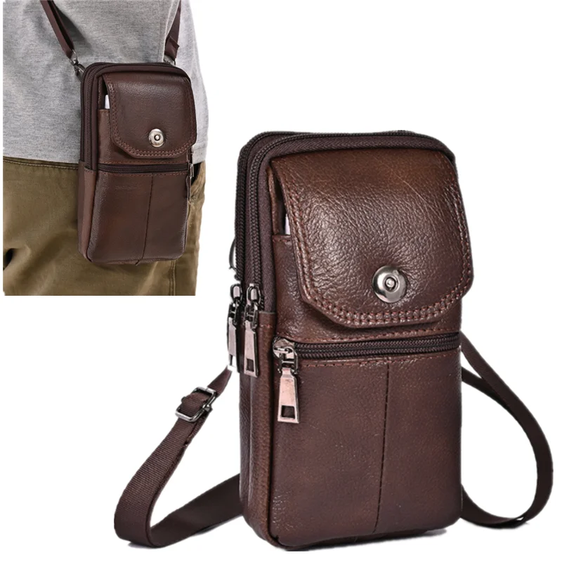 

2023 Men's Messenger Bag Cowhide Leather Bag Mobile Phone Pouch Men Wallet Small Travel Waist Bag Male Multi-Pockets Chest Bag