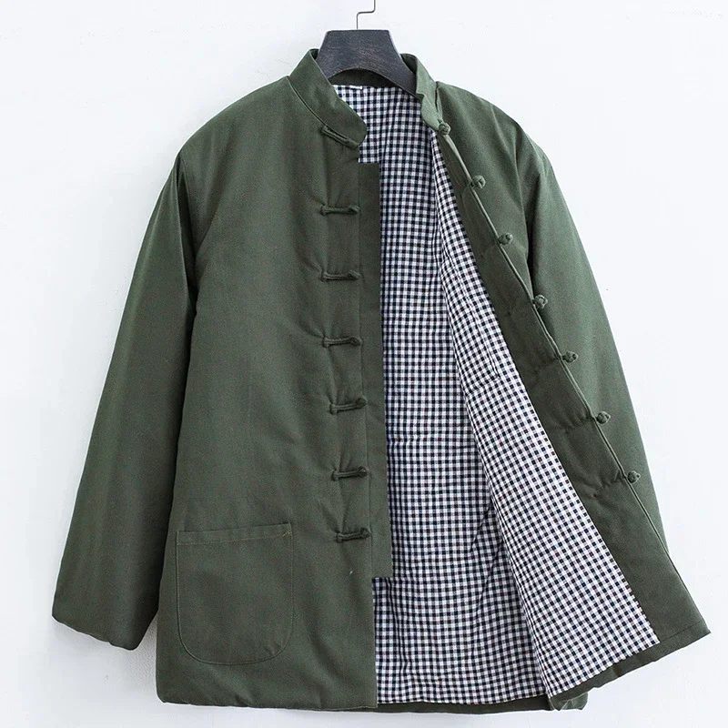 Men's Traditional Chinese Vintage Top Men's Hanfu Tang Suit Winter Warm Cotton Jacket Standing Collar Button Kung Fu Coat