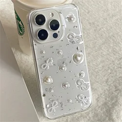 Elegant 3D Pearl Bowknot Silver Foil Clear Soft Phone Case - iPhone 16 (Pearl Bowknot)