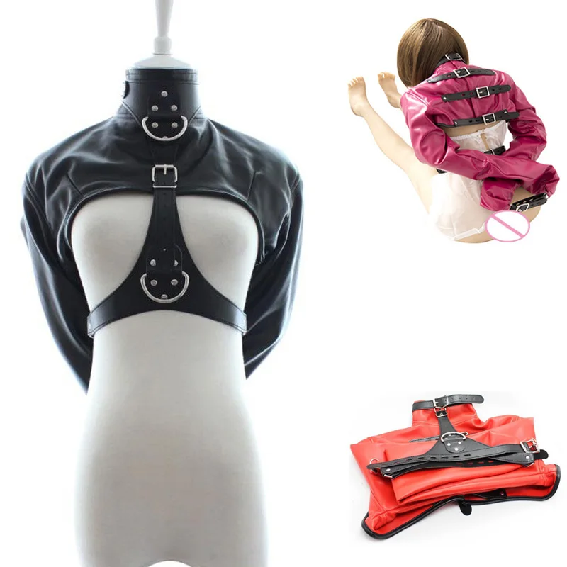 der Top da donna con camicia di forza senza coppe, in pelle contenitiva sexy, bondage schiavo BDSM_voghion.com