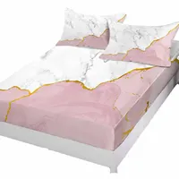 White Marble Pink Bedding Fitted Sheet Set Elastic Band Mattress Cover King Size Bed Cover With Pillowcase 2