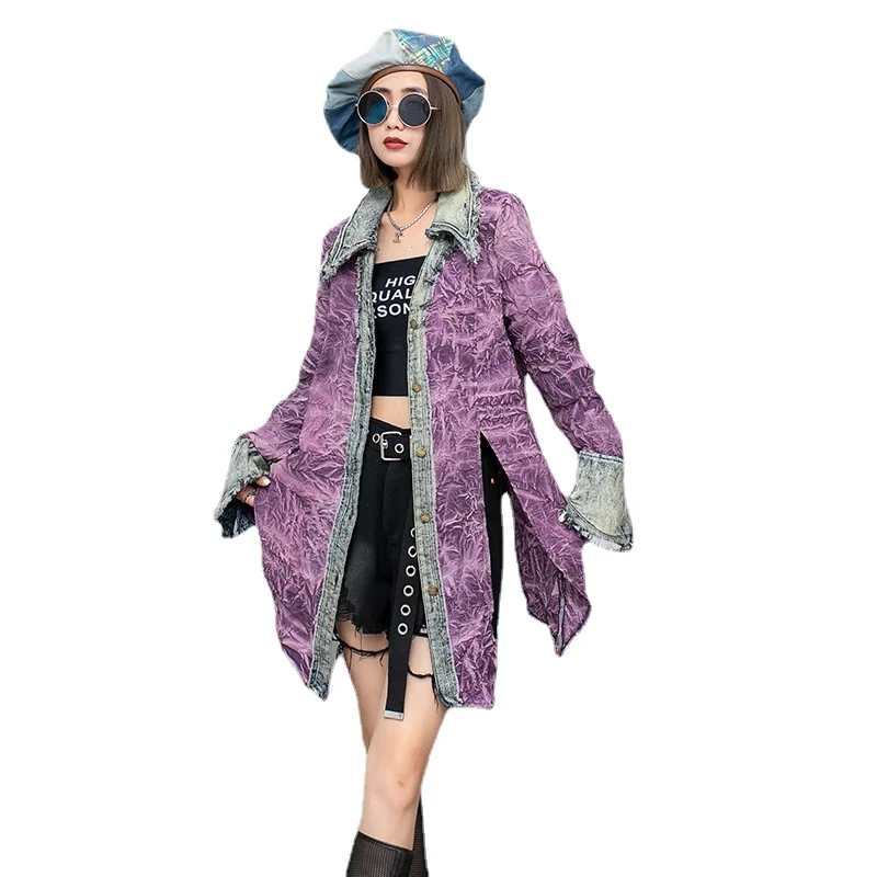 

Design Fashionable Personalized Design Stitching Denim Lapel Irregular Split Bell Sleeve Shirt for Women 2023 New Thin Coat