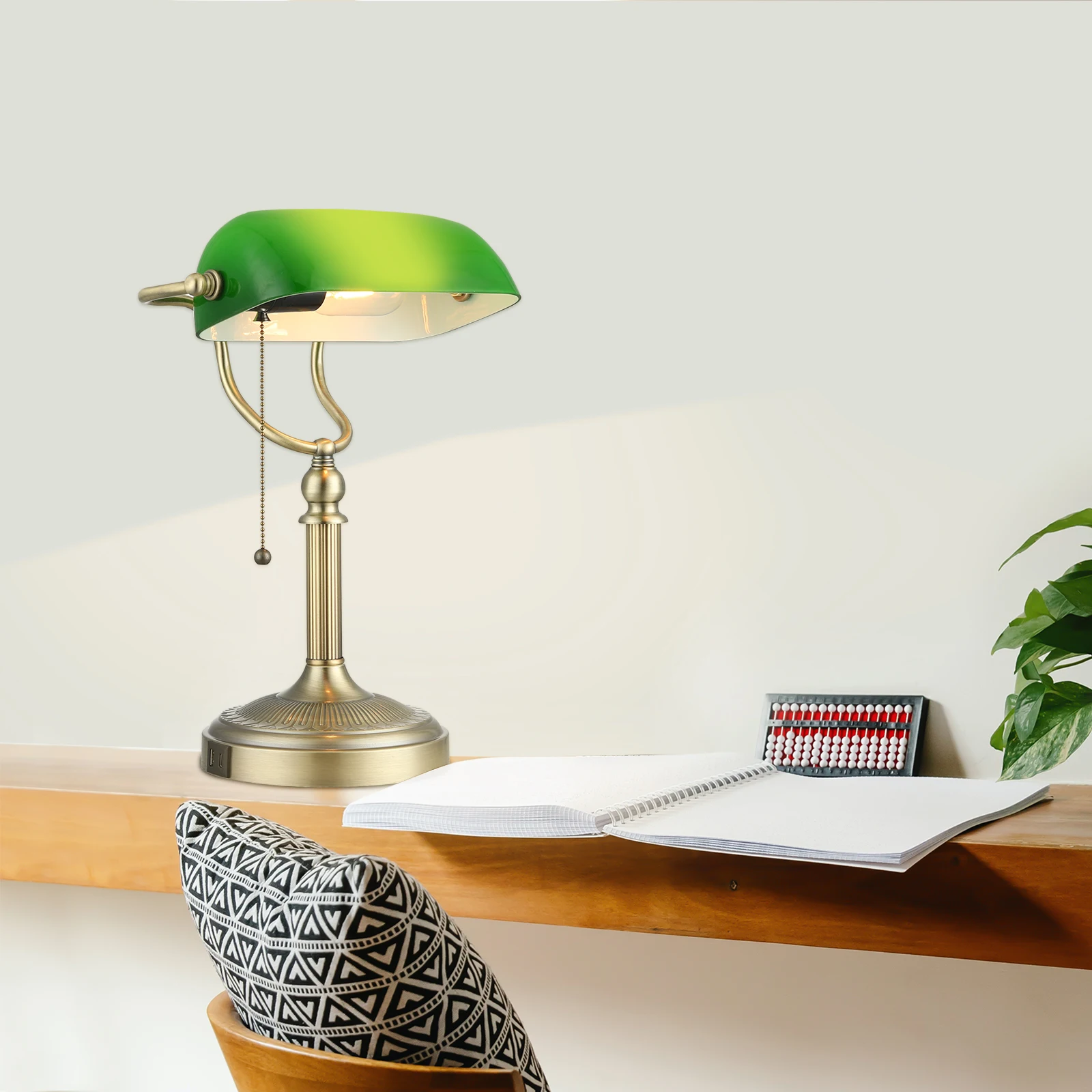 Modern Green Glass Bankers Desk Lamp with Pull Chain Switch Plug in Fixture,USB Fast Charging Port desk lamp For Bedroom Bedside images - 6