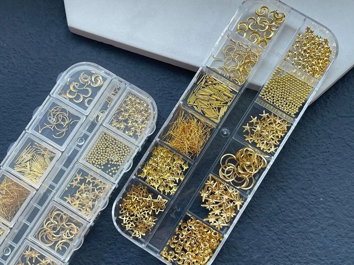 12Grids Moon Star Nails Gold Metallic Nail Sequins Charms 3D Nail Art Tips Decoration  3D Metal Moon Star Sun Bead Rivet Nail Je 6