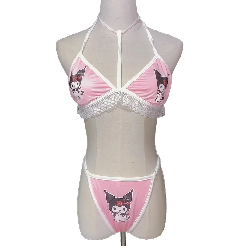 New Sanrio Kawaii Anime Kuromi Panties Bra Set Thong Panties Cotton  Breathable Swimsuit Low Waist Thin Strap Y2K Sexy Bikini