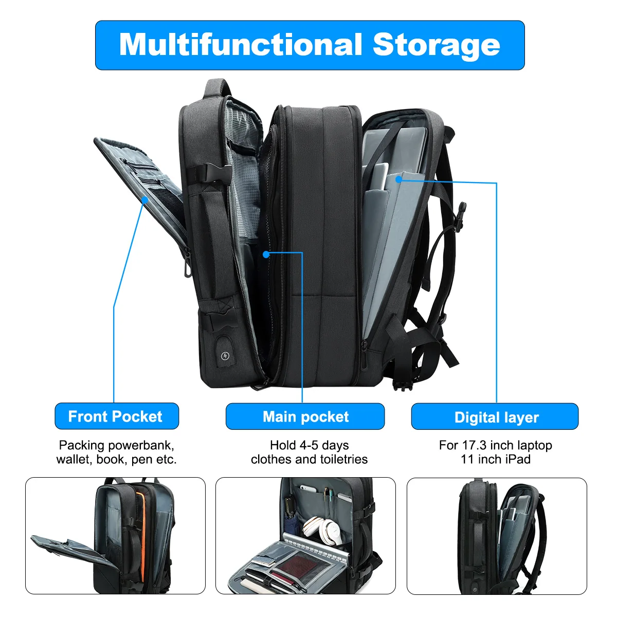 Travel Backpack Men Business Aesthetic Backpack School Expandable USB Bag Large Capacity 17.3 Laptop Waterproof Fashion Backpack