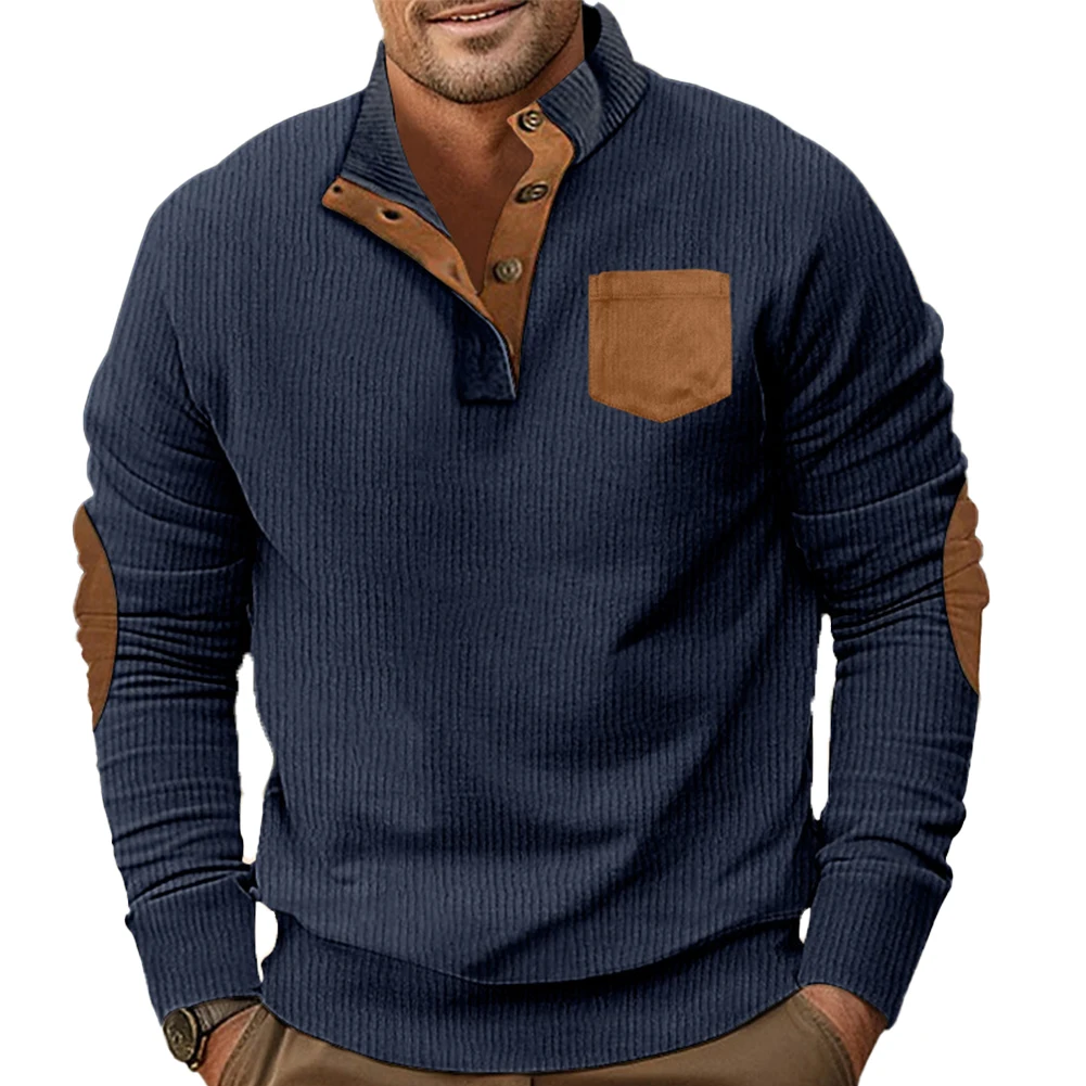 

New Men's Stand Collar Button Sweatshirts Long Sleeve Contrast Color Pullovers Casual Sports Sweatshirt Tops Man Clothes