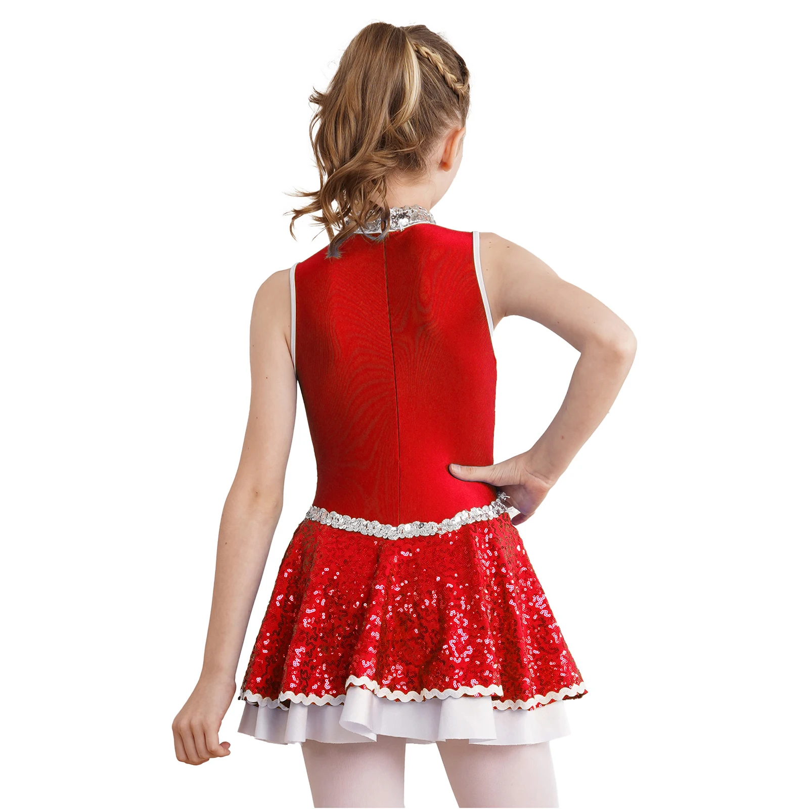 Kids Girls Cheerleading Uniform Schoolgirl Dance Costume Sleeveless Shiny Sequins Dance Dress Cheer Figure Skating Ballet Dress