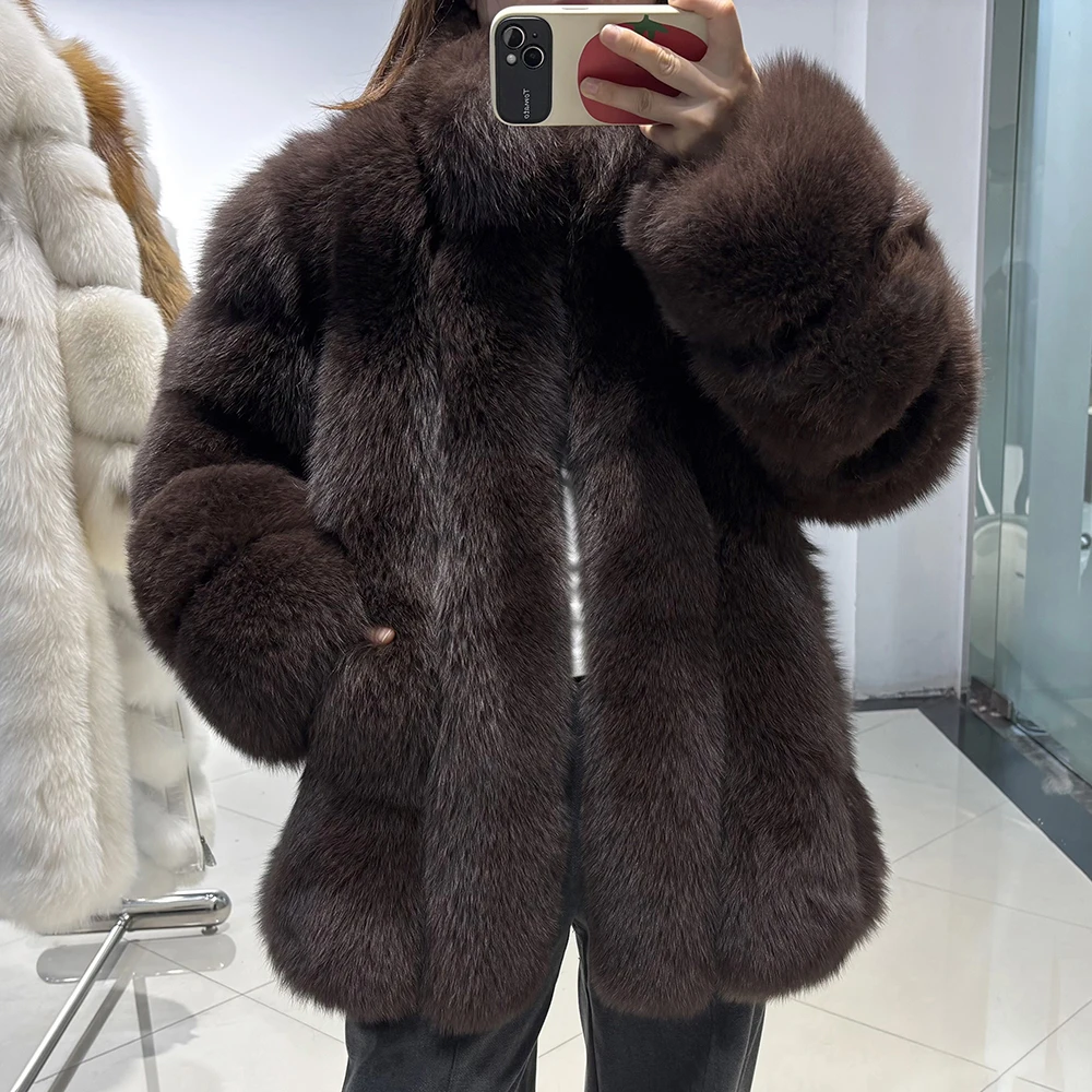 YOLOAgain Stand Collar Real Fox Fur Jacket Women Natural Fox Fur
