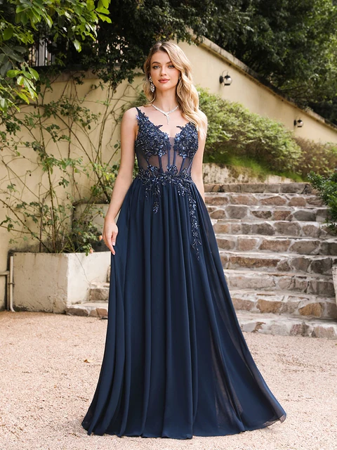 Spaghetti Straps Navy Blue A Line Evening Dresses 2025 Elegant Beaded Appliques Illusion Prom Gowns Formal Party Vestido De Gala 6