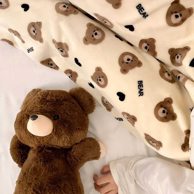 Teddy Bear Sweatshirt Women's Cozy Bear Print Fleece Pajama Pants