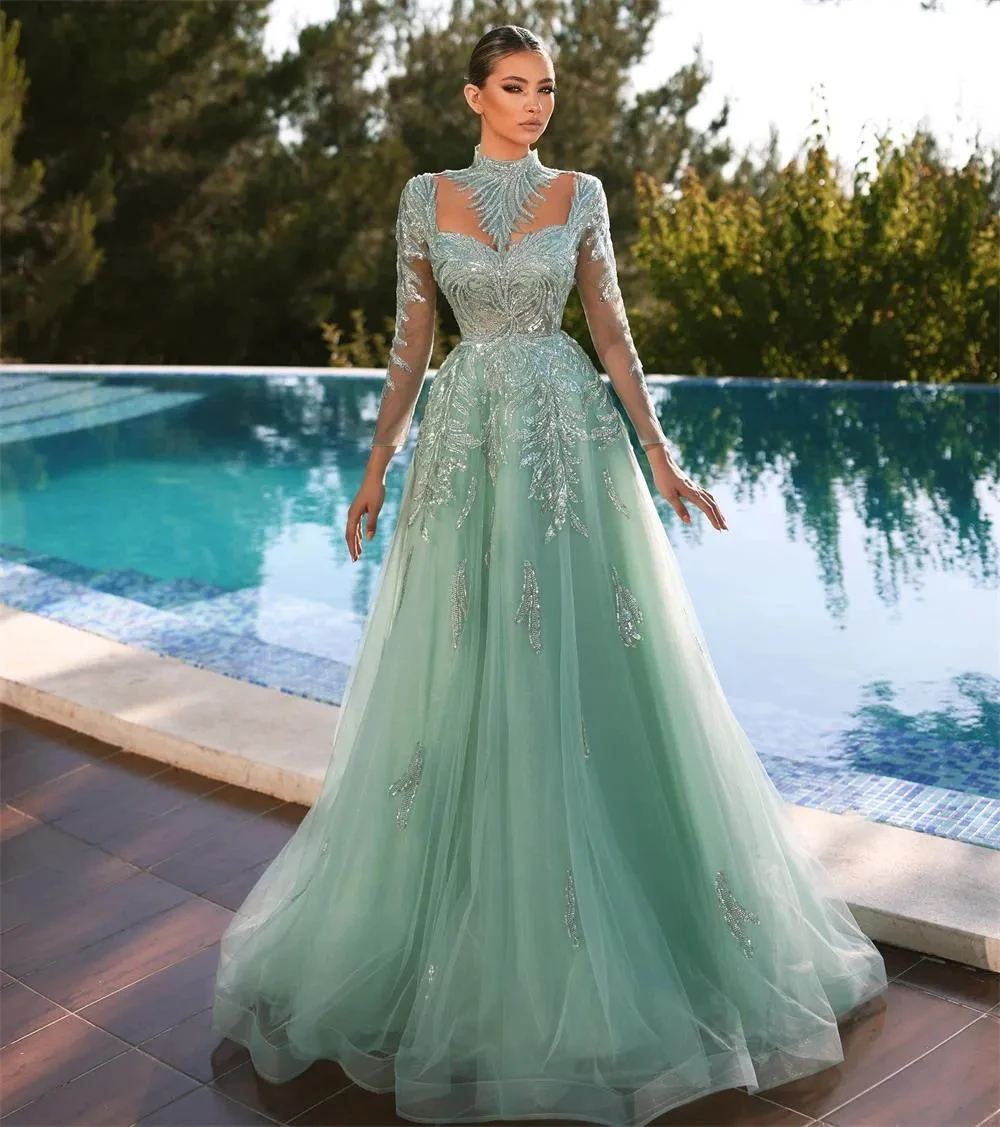 

High Neck A Line Prom Dress Long Sleeve Arabic Muslim Beads Sequined Formal Evening Gowns Sweep Train Tulle Party Dresses Custom