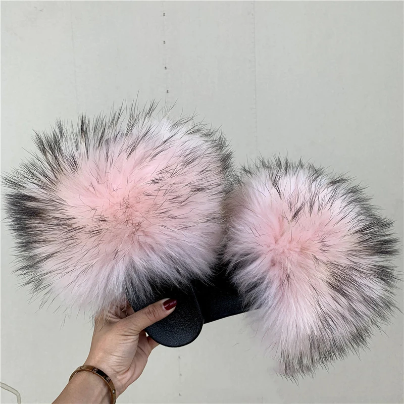 Natural Raccoon Fur Slippers Women Summer Home Slides Fluffy Furry Flip Flops Indoor Outdoor Flat Beach Sandals 4