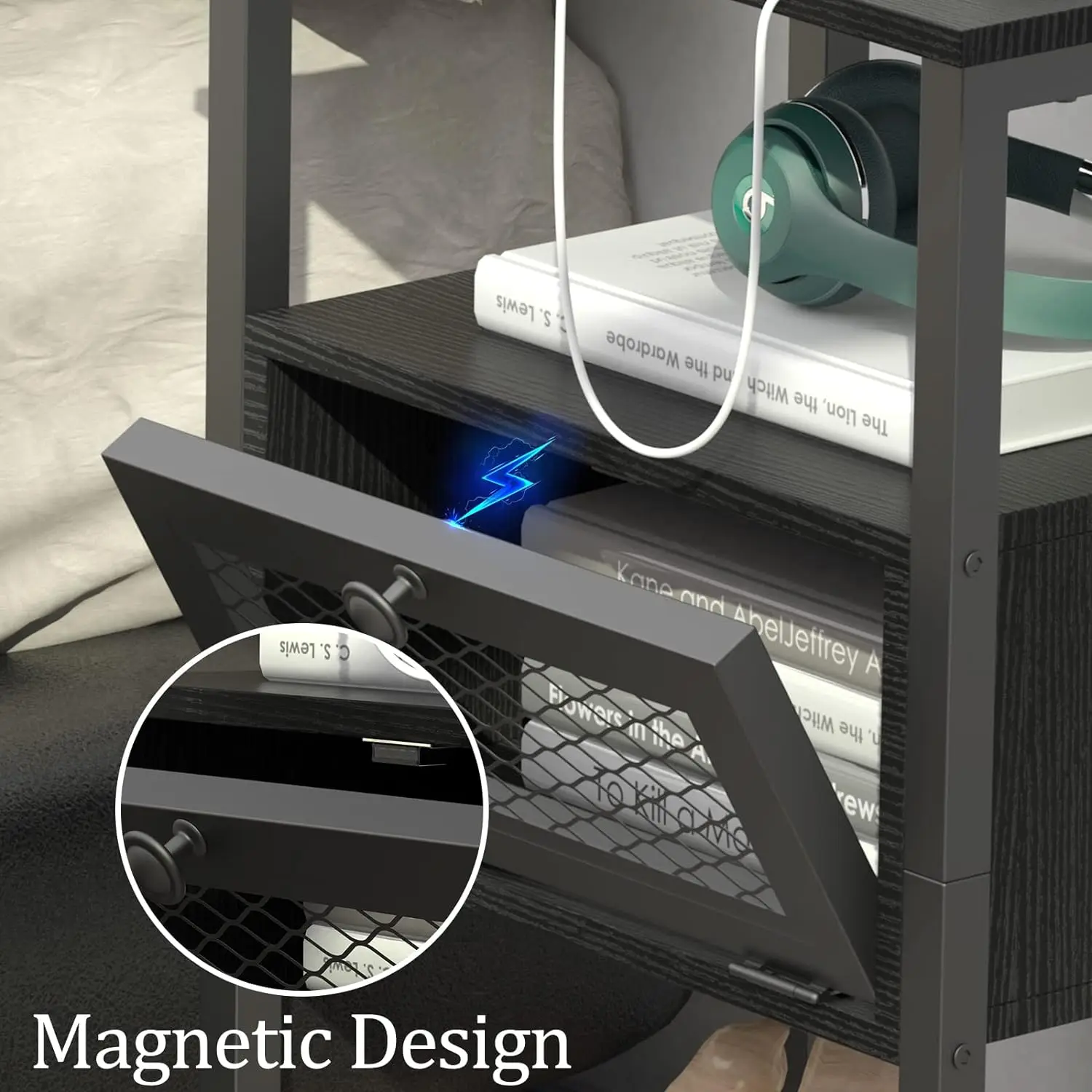 Nightstand with Charging Station, End Table with Power Outlets and USB Ports, Farmhouse Side Table Drawer and Storage Shelf