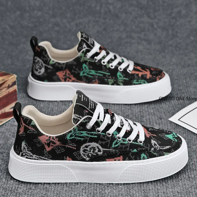 Graffiti Prints Black Canvas Sneakers Mens Vulcanized Shoes Man Low Top Sneaker Lace Up Trainer Skateboard Shoes Men's Plimsolls 2