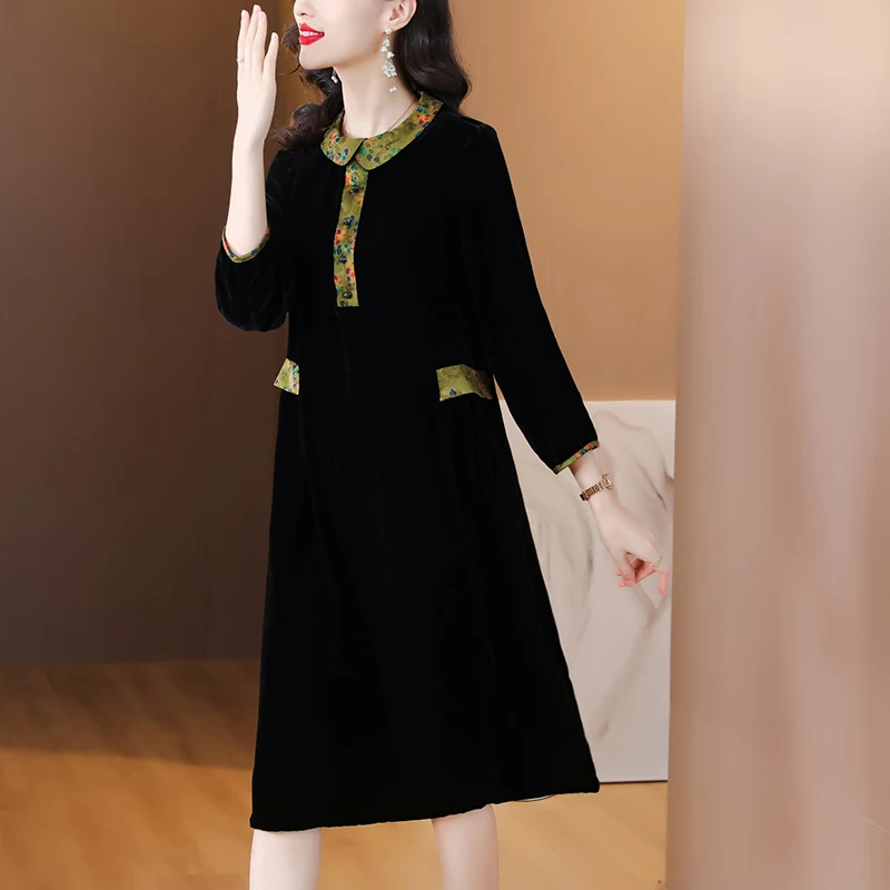 Black Velvet Long Sleeve Polo Collar Midi Dress Women Korean Vintage Dress  Autumn Winter Thick Warm Elegant Dresses - AliExpress 200000345