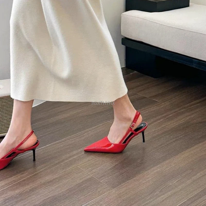 Women Leather Square Toe Thin High Heel Slingbacks Pumps Buckle Fashion