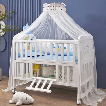 Culla per Neonati Premium in Legno Massello Convertibile, Culla a Dondolo, Lettino Mobile con Contenitore, Zanzariera, Set di Biancheria da Letto