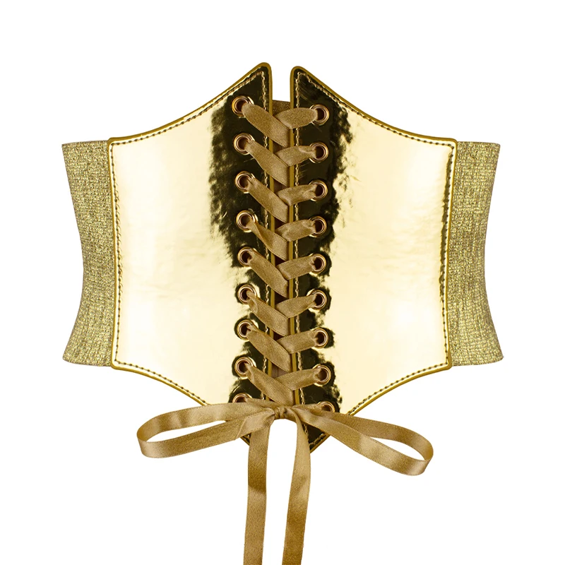 Women Shiny Gold PU Corsets Bustiers PU Leather Crown Girdle Slim Waist Belt Underbust Elastic Corset Tops Curve Shaper Modeling
