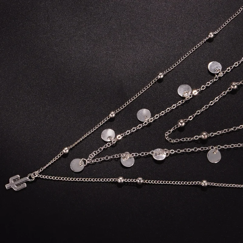 Silver Color Multi-Layered Cactus Pendant Necklace for Women Exquisite Round Beads Collarbone Chain Jewelry Gifts