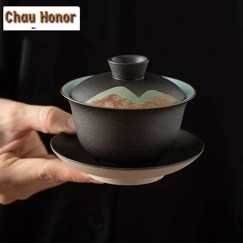 180ml Hand Painted Distant Hills Coarse Pottery Gaiwan Tea Tureen Tea Bowl With Lid Kit Tea Maker Cover Bowl Teaset Ornaments