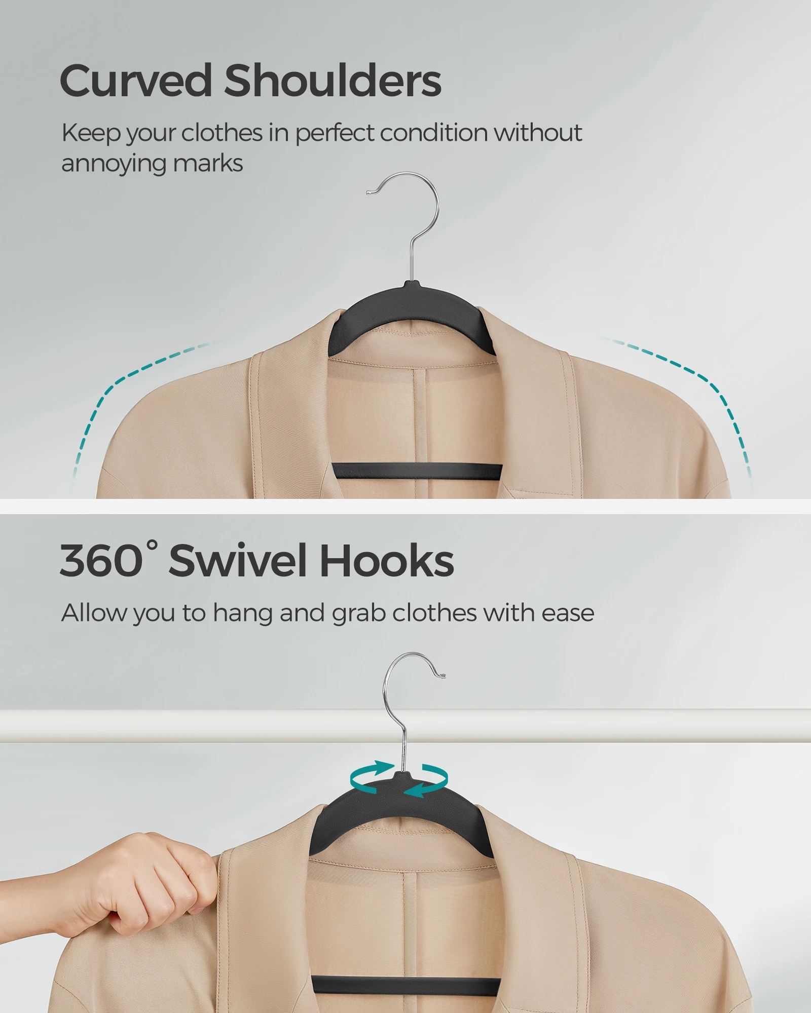SONGMICSHOME Velvet Clothes Hangers 30/50 Pack Non-Slip with Shoulder Notches Pants Bar 360° Swivel Hook for Suit Storage 6